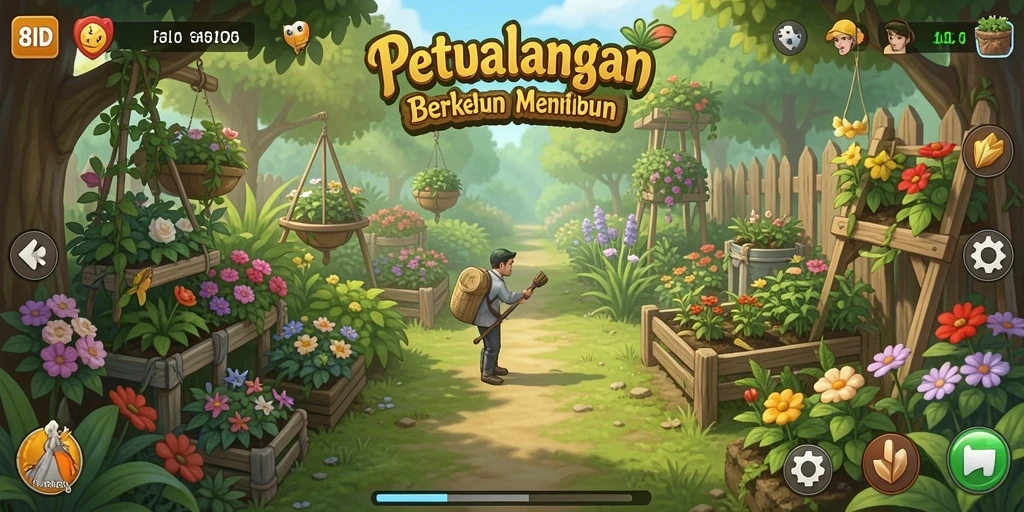 Tampilan gameplay 8ID dengan kebun yang subur dan beragam tanaman.
