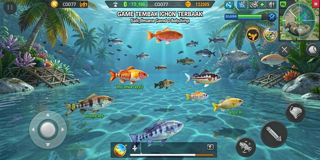 Screenshot menunjukkan gameplay menarik dari COO77 saat menembak ikan.