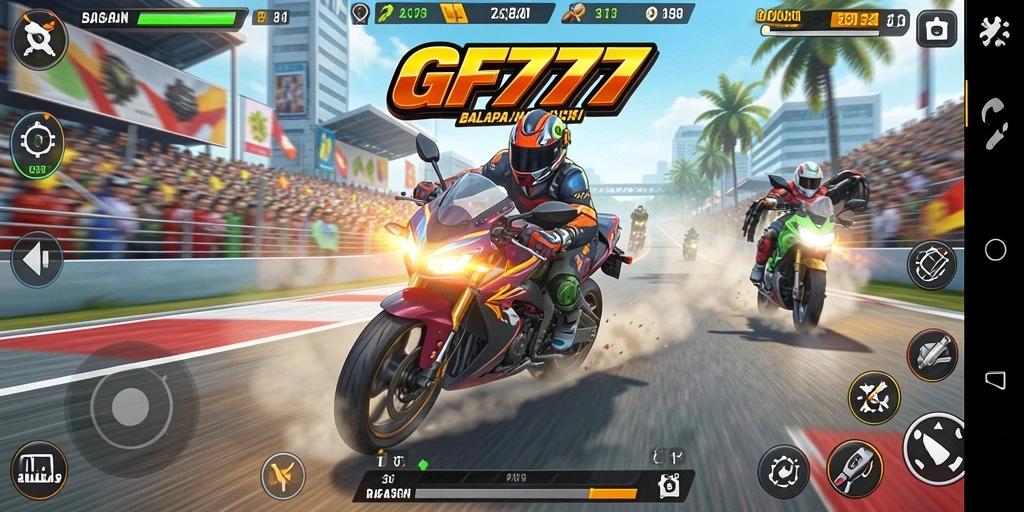 Tampilan gameplay GF777 yang penuh aksi balapan motor.