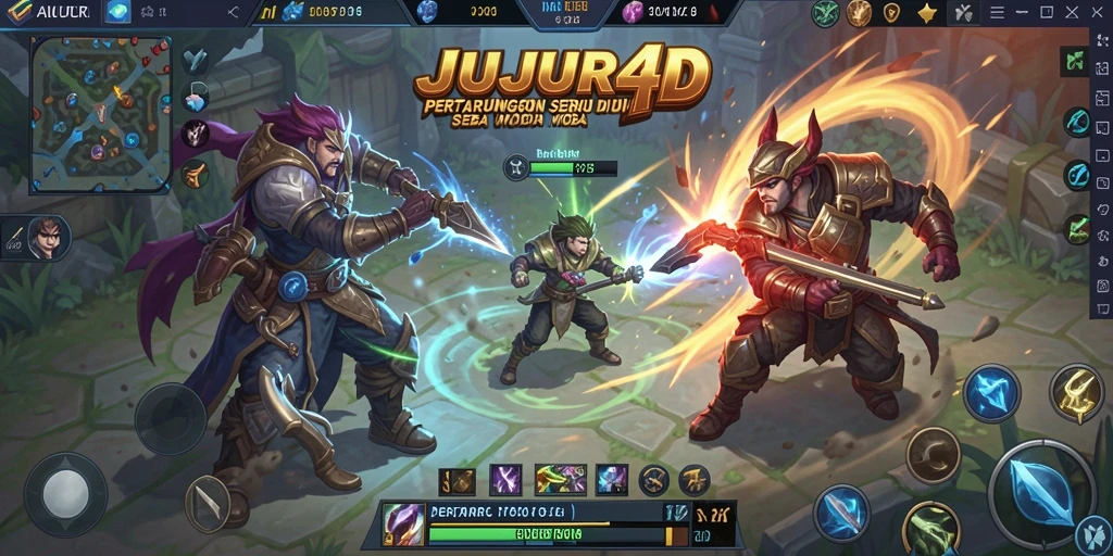 Screenshot JUJUR4D menampilkan pertarungan epik dalam permainan MOBA.