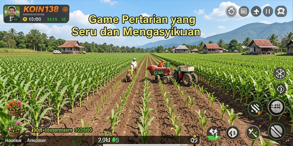 Screenshot gameplay KOIN138 menampilkan ladang hijau dengan berbagai tanaman.