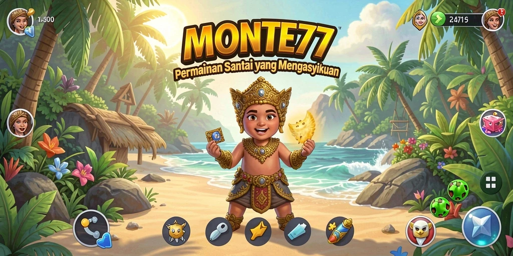 Screenshot utama MONTE77 menampilkan gameplay yang santai dan penuh warna.