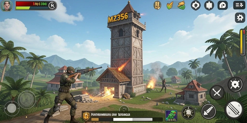 Tangkapan layar gameplay MZ356 menampilkan aksi menara membela dari serangan musuh.