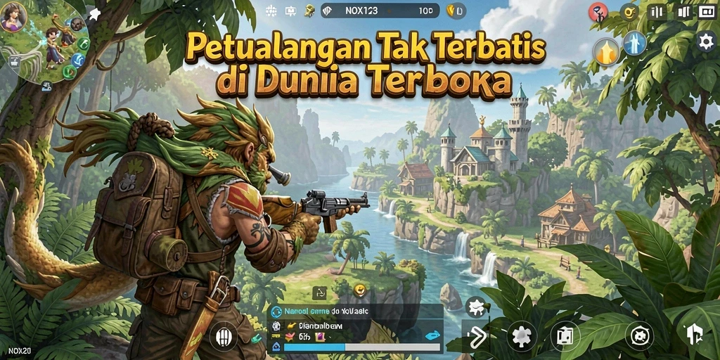 Tangkapan layar gameplay NOX123 yang menampilkan dunia terbuka yang luas.