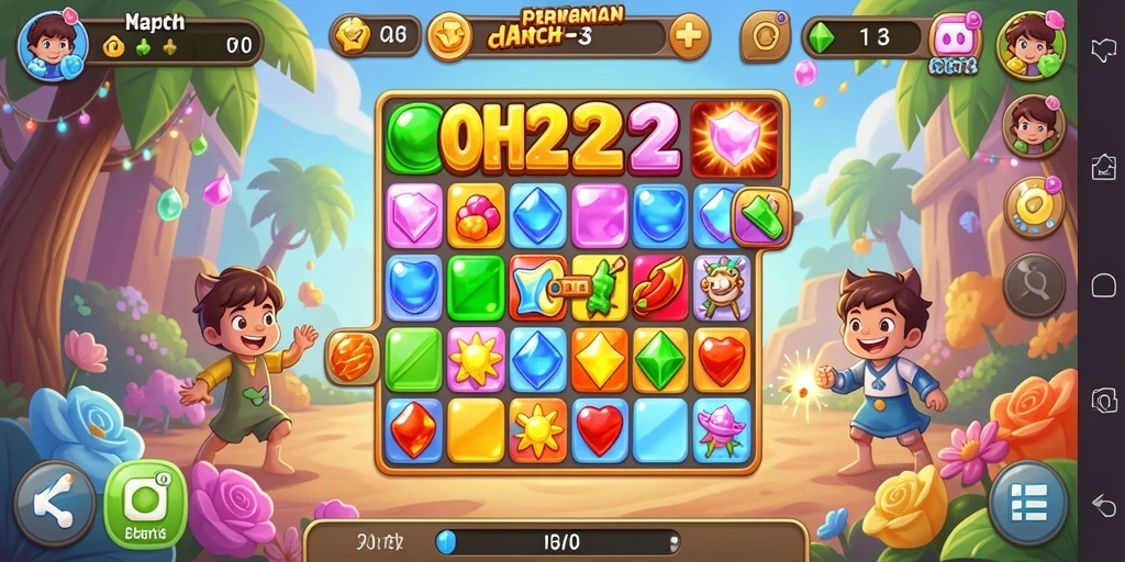 Tangkapan layar gameplay OH222 menampilkan momen seru saat mencocokkan batu permata.