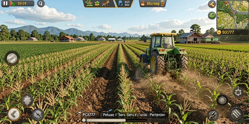 Tampilan gameplay PCX777 yang menampilkan kebun yang subur dan tanaman yang tumbuh.