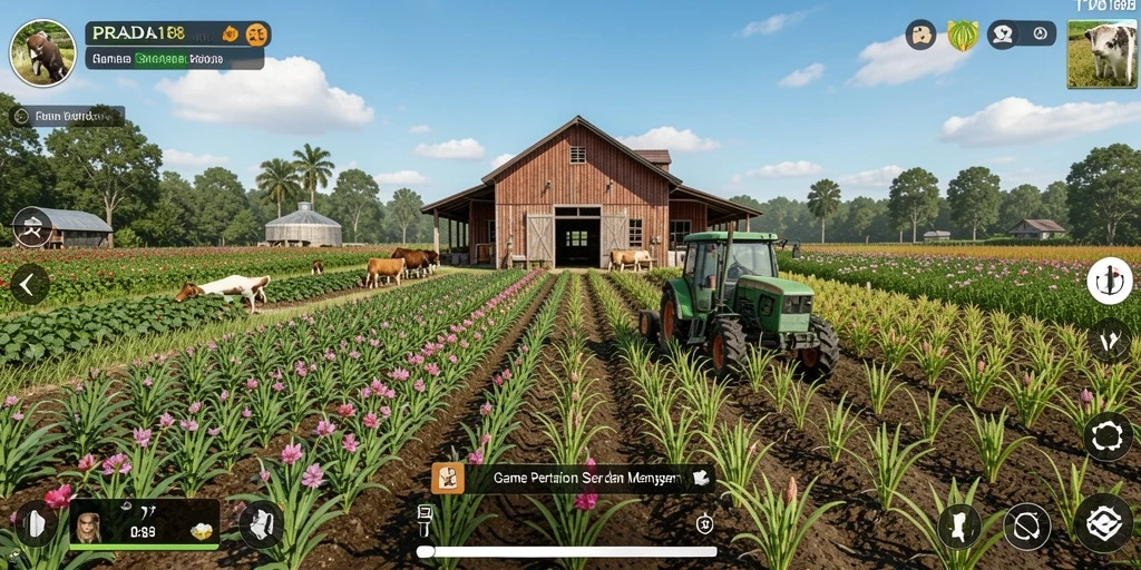 Screenshot gameplay PRADA188 menampilkan ladang yang subur dan aktivitas petani.