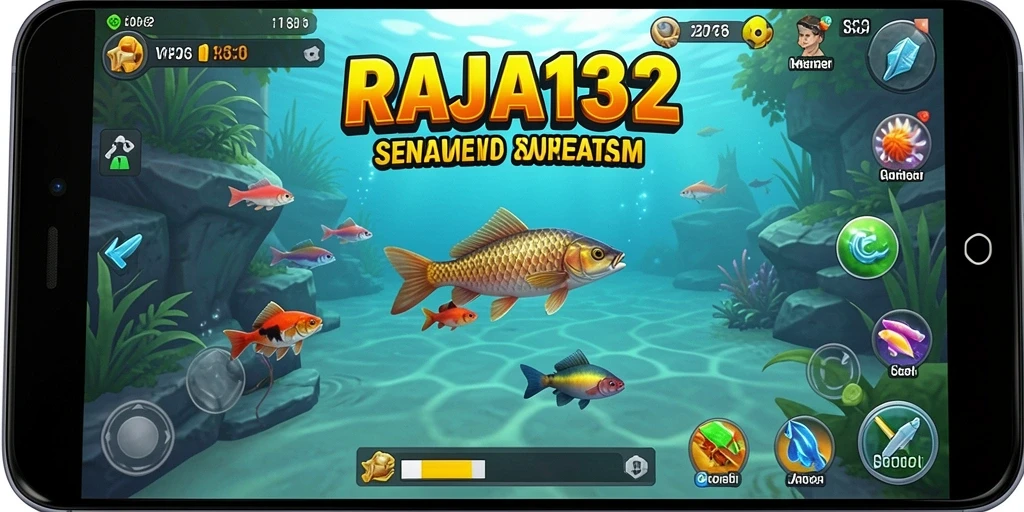 Tampilan gameplay RAJA132 saat memancing di danau yang indah.