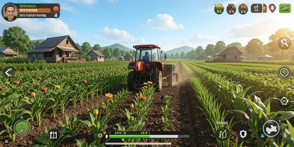 Tampilan gameplay WIRANAGA yang menampilkan aktivitas bertani dan merawat hewan.